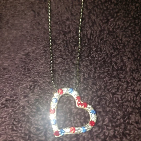 Cookie Lee Patriotic Heart Red White Blue Silver tone necklace Sparkly