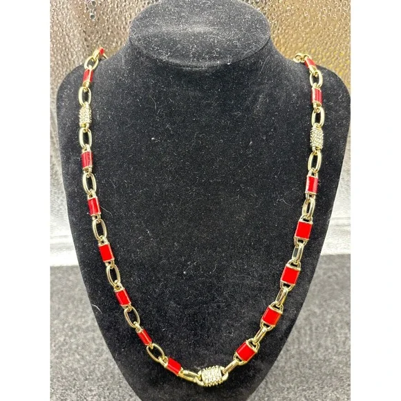 Coldwater Creek Gold Tone Red Enamel Crystal Rhinestone Link Necklace 16