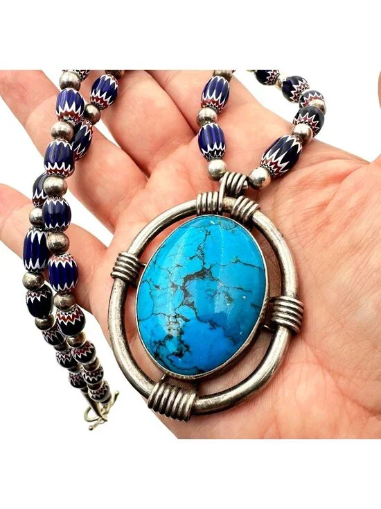 Native American Sterling Silver Turquoise Pendant Chevron Trade Beads Signed J