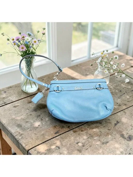 Coach Blue Leather Wristlet Small Pouch Zip Top Mini Bag Y2K Handbag Silver