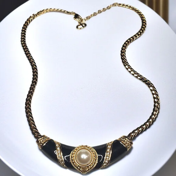 DIOR Vintage 1980's 18k Gold Plated Enamel Crystal Pearl Necklace
