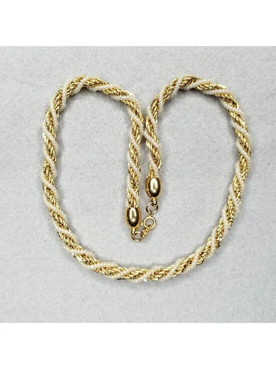 Vintage Trifari Necklace Gold Tone Faux Pearl Twisted Rope Chain 15.5