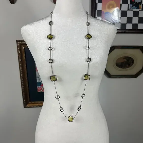 Lia Sophia Silver Tone Retro Style Long Necklace‎ with Yellow Rotating Gems