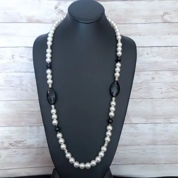 Vintage Necklace Long Faux Pearl with Black & Gold Tone/Silver Tone Accents