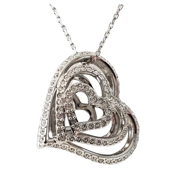 Swarovski Swan Necklace Double Sided Floating Heart Black and Clear Crystals