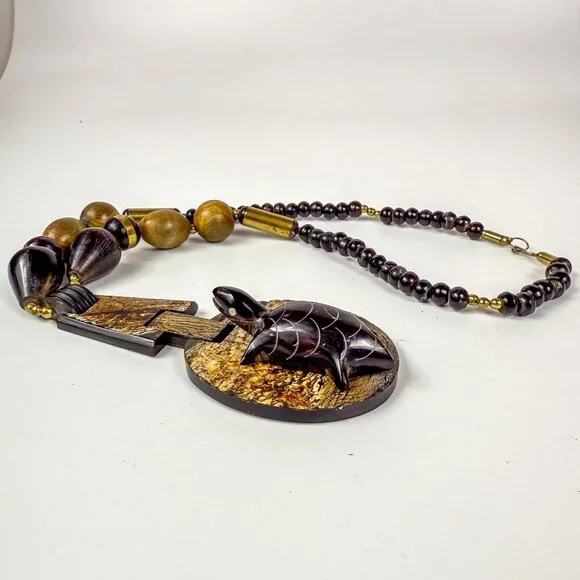 Artisan Tribal Carved Horn Ebony Wood Brass Chunky Turtle Pendant Necklace