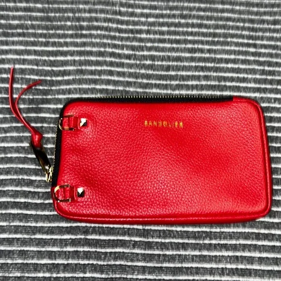 Bandolier Red Pebble Leather Expanded Pouch Gold Hardware Zip Top