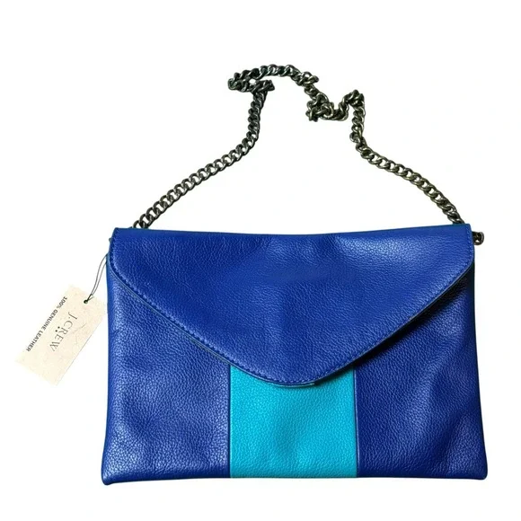 J Crew Purse Leather Envelope Clutch Chain Strap‎ Blue Turquoise NWT