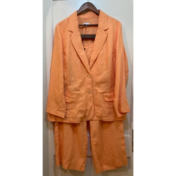 J. Jill Love Linen Blazer Wide Leg Crop Pants 2 Piece Suit Set XL Orange Coastal