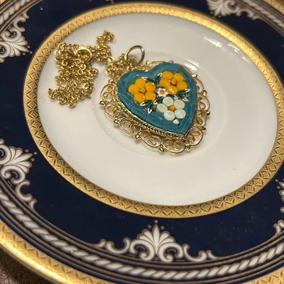Vintage Micro-Mosaic Heart Pendant Necklace