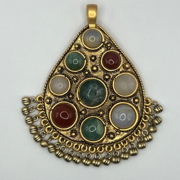 Cabi Vintage Gold Tone‎ Pendant Necklace Cabochon Stones Red Green White Boho