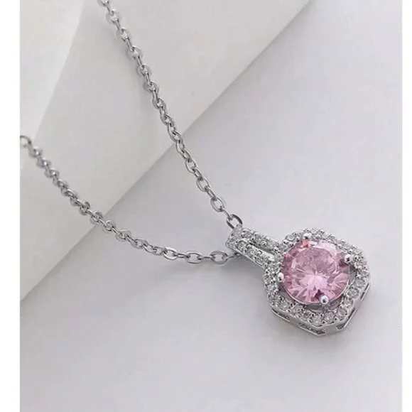 925 Sterling Silver Pink Sapphire Halo Pendant Necklace