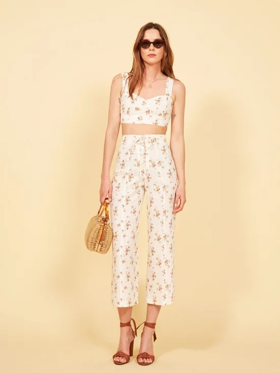 NWT Reformation Cream Set Floral Crop Top & Cropped Wide-Leg Pants, Size 8