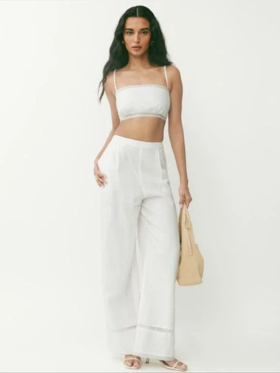 NWT Reformation Violet White Two Piece Set, Linen Crop Top And Pants