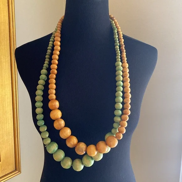 Weathered Wooden Beaded Necklaces Set of 2
