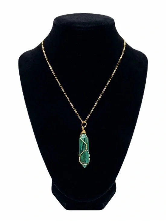New Handmade Green Malachite 10k Gold Wire Wrapped S925 Silver Amulet Necklace