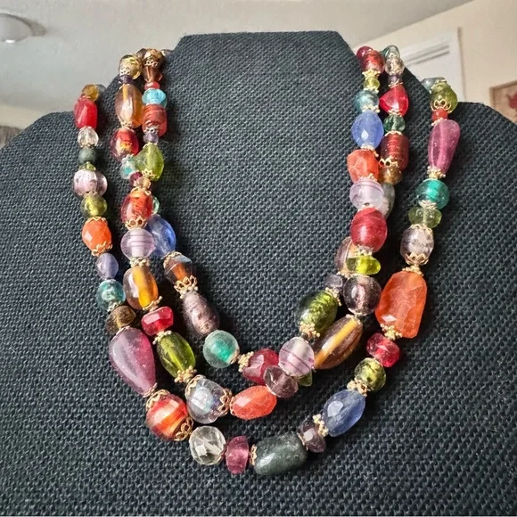 VTG Czech Multicolor 16” Glass Bead 3 Strand Necklace‎ Gold Accents Boho Chic