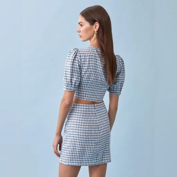 Reformation Ethel Linen Two Piece Azure Check - Size 4