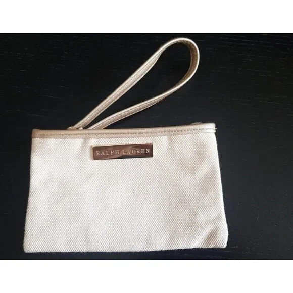 Ralph Lauren Canvas Gold Cosmetic Wristlet Wallet clutch purse