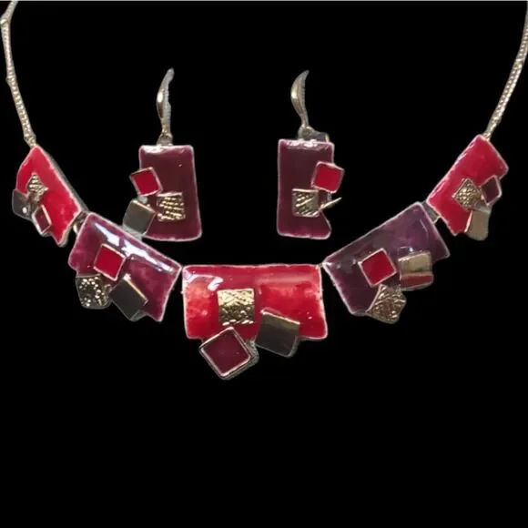 Statement Necklace And Pierced Earrings Paris! Ikita Red Enamel And Gold 16