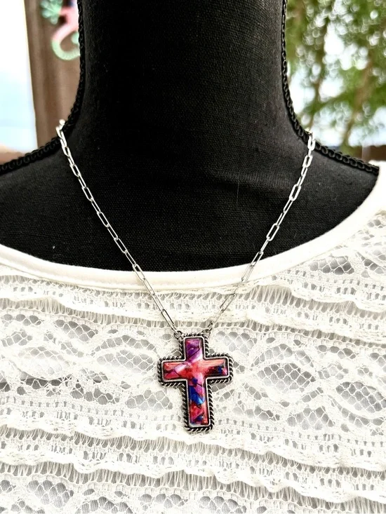 Colorful Cross Pendant Necklace – 18” Length NWT