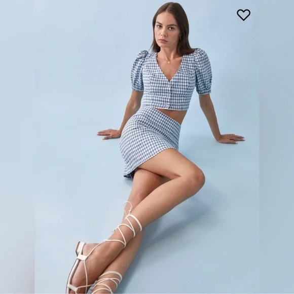 Reformation Ethel Linen Two Piece Azure Check - Size 10