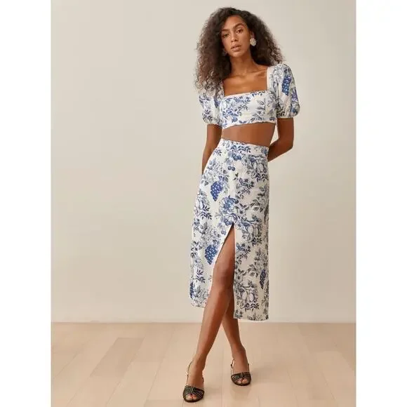 Reformation Jonas Linen 2 Piece Skirt Top Floral Sz 6 Blue White Set Resort