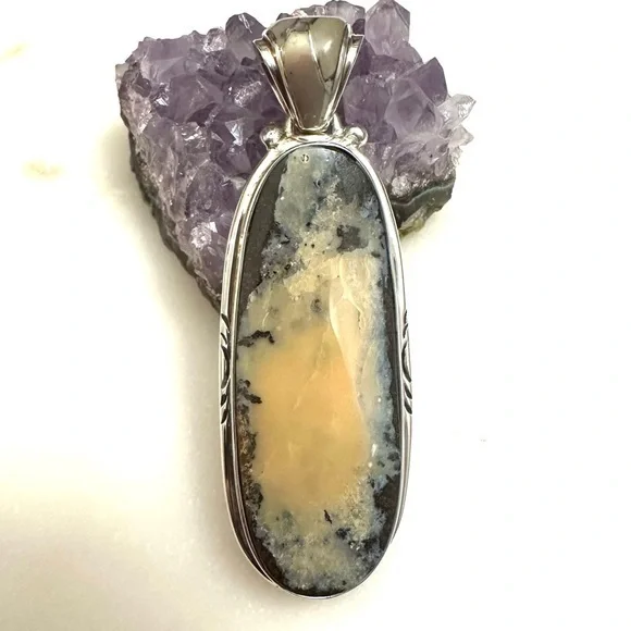 Samson Sam Kee Native American Navajo Honey Moss Agate Sterling Silver Pendant