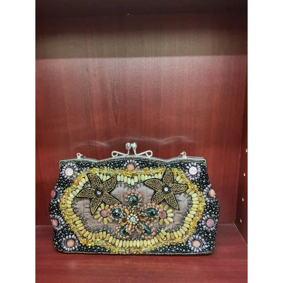 Ohh Ashley Handcrafted Beaded Floral Starfish Evening Clutch Bag Black Pink 10in