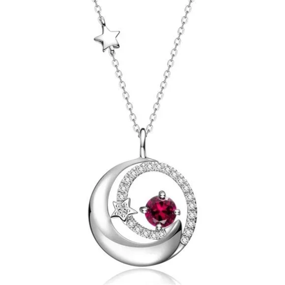 Sterling Silver Moon and Star Necklace Ruby Birthstone Jewelry Gift for Women