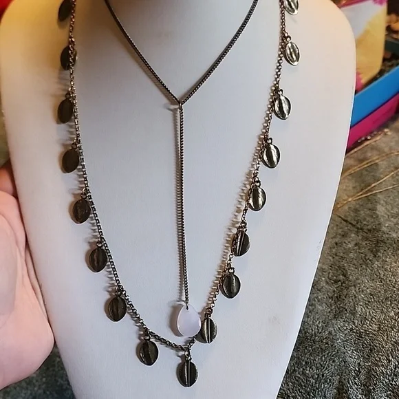 Long layered Boho Bronze Shell Longline necklace.