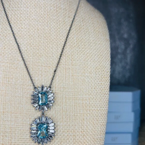 Bomb Party Aquamarine Cubic Zirconia Necklace Hematite Plating New NK72609