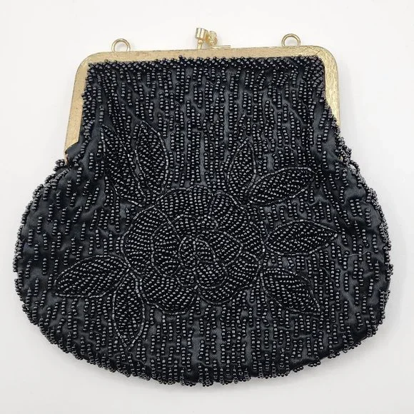 Vintage La Regale Women's Beaded Black Cocktail Party Clutch No Shoulder Chain