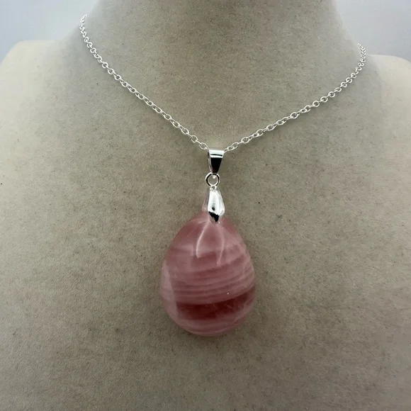 Madagascar Rose Quartz Teardrop Pendant Necklace on Silver Plated Box Chain