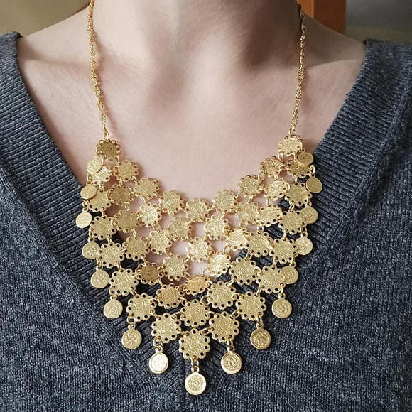Vintage Gold Coin Medallion Bib Statement Necklace