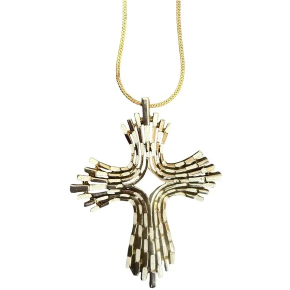 Vintage Brutalist Cross Necklace Gold Tone Enamel Statement Pendant 20