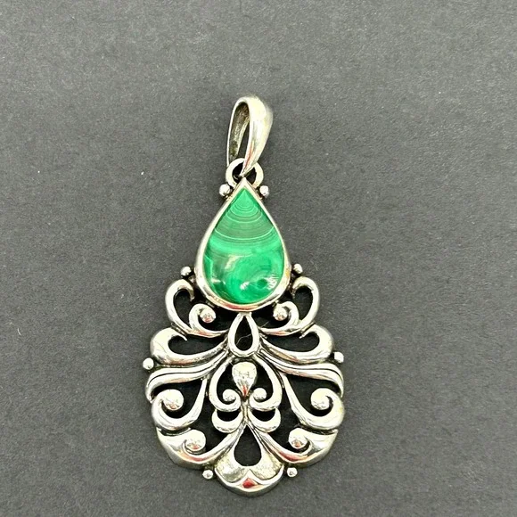 Vintage 925 Sterling Silver Malachite Teardrop Stone Filigree Pendant Thailand