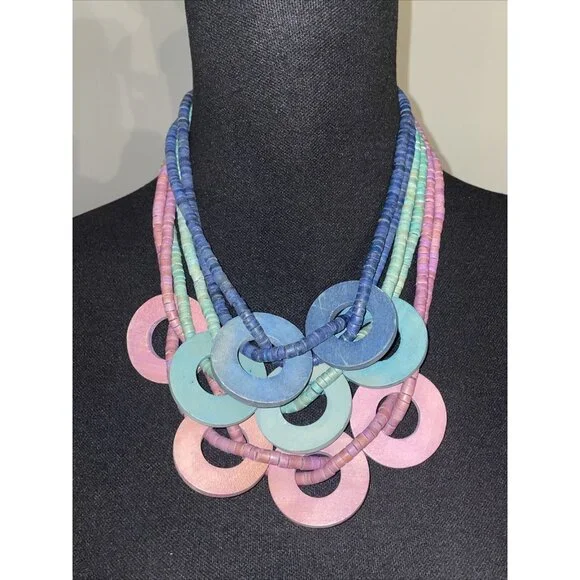 Vintage multi strand multi color purple green & blue wood beaded necklace Circle