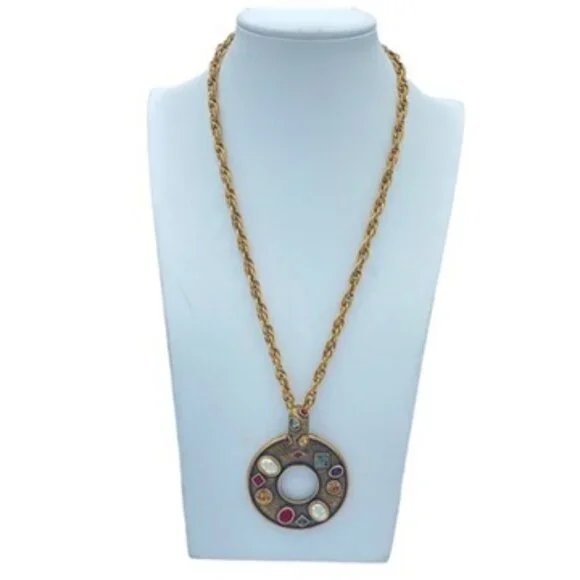 Designer CHICO Large Vintage Circle Pendant Rhinestones Matching Chain RARE
