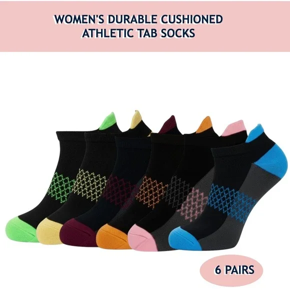 Colorful Athletic Women's Socks 6 PACK Tab Low Cut High Quality NEW 7-10