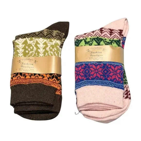 2 Pairs Loritta Style Winter Knit Crew Socks Nordic Pattern NWOT