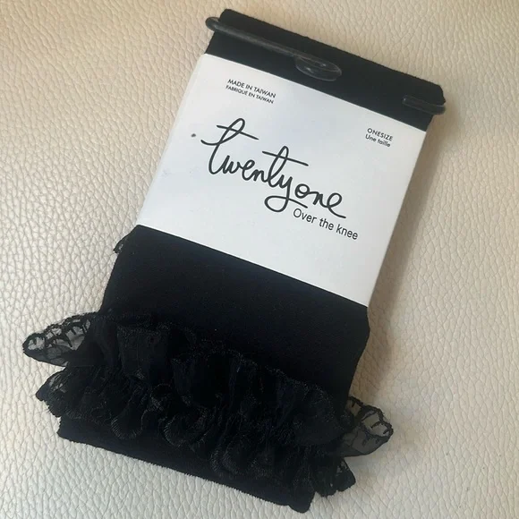 Forever 21 “Twentyone” Over the knee Tights Hosiery One Size Lace top Black