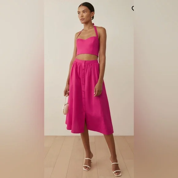 Reformation Orzo Linen Two Piece skirt/top set. Size 2. Hot Pink. Never worn.