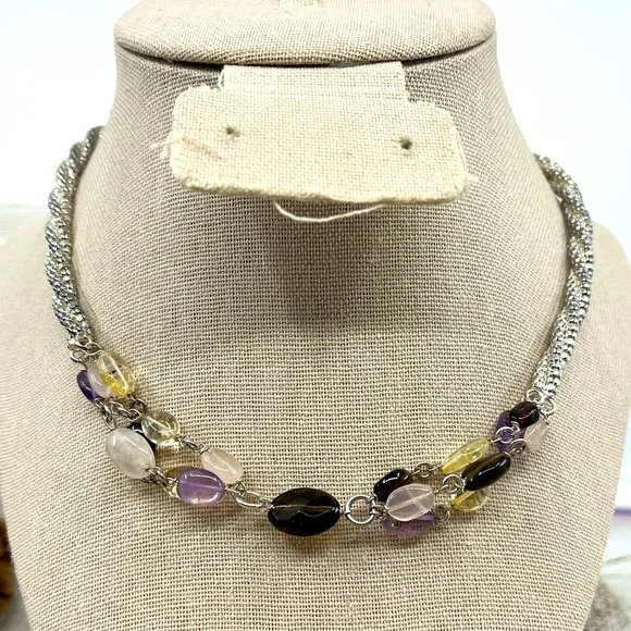 Vintage Milor Italy Sterling Silver 925 Necklace w/ Gemstones Adjustable 16-18