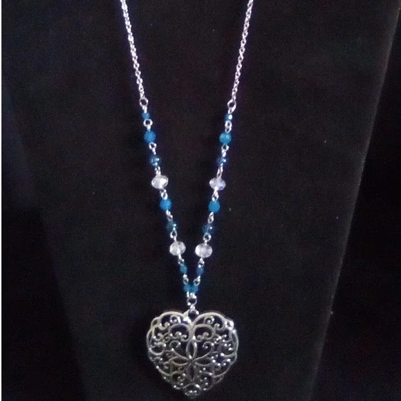 Silver Tone Filigree Heart Pendant Necklace with Blue and Clear Beads Boho 20in.