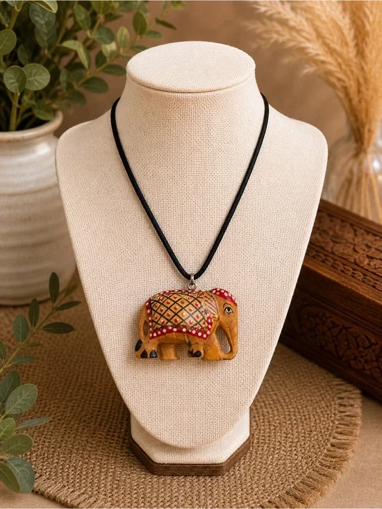 Hand Carved Wooden Elephant Pendant Necklace 18” Black Cord Boho Artisan India