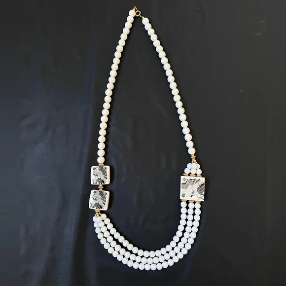 Vintage Japan 3-Strand White Bead and Hand-Painted Ceramic tiles Necklace Signed