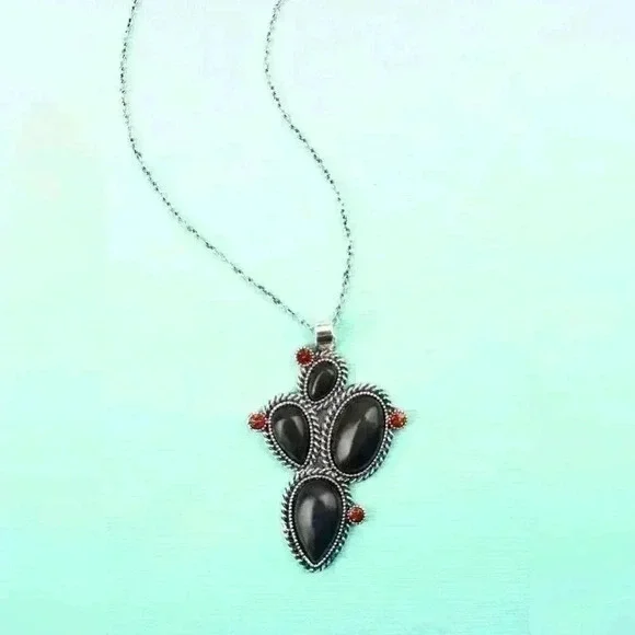 ODETTE BLACK‎ AND RED SILVERTONE NECKLACE