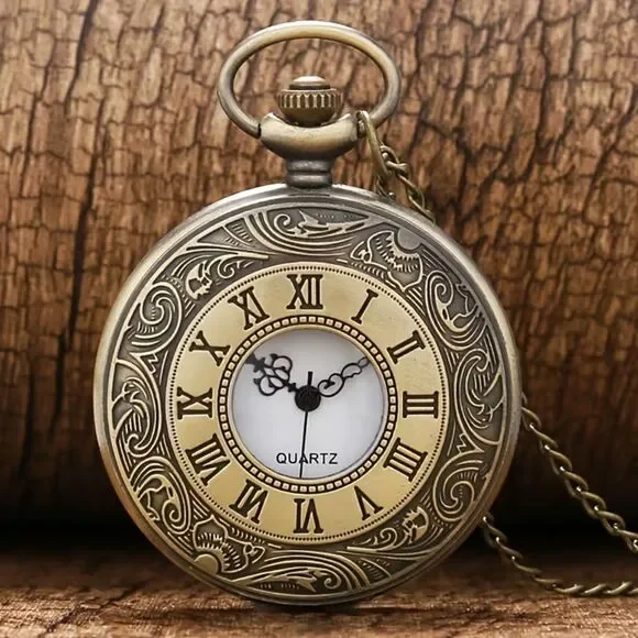 Vtg Style Gold Quartz Pocket Watch Necklace Open Face Roman Numerl Retro Pendant