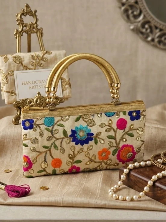Hand-Embroidered Phulkari Floral Silk Clutch Bag | Boho Ethnic Wedding Gold